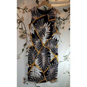 EnFocus Studio Navy/ Tan/ Golden Yellow Tropical Floral A-Line Midi Dress